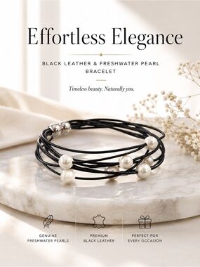 Black Leather & Freshwater Pearl Wrap Bracelet | Multi-Strand